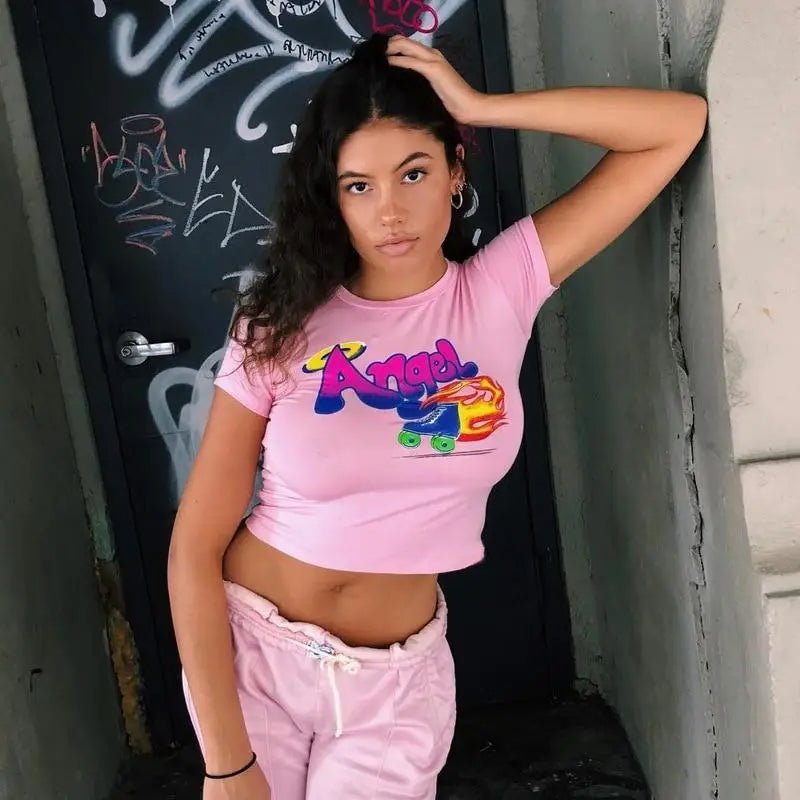 Pink 90s Retro Angel Crop Top with Rollerblades Print - Cosparty