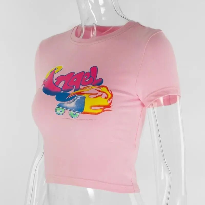 Pink 90s Retro Angel Crop Top with Rollerblades Print - Cosparty