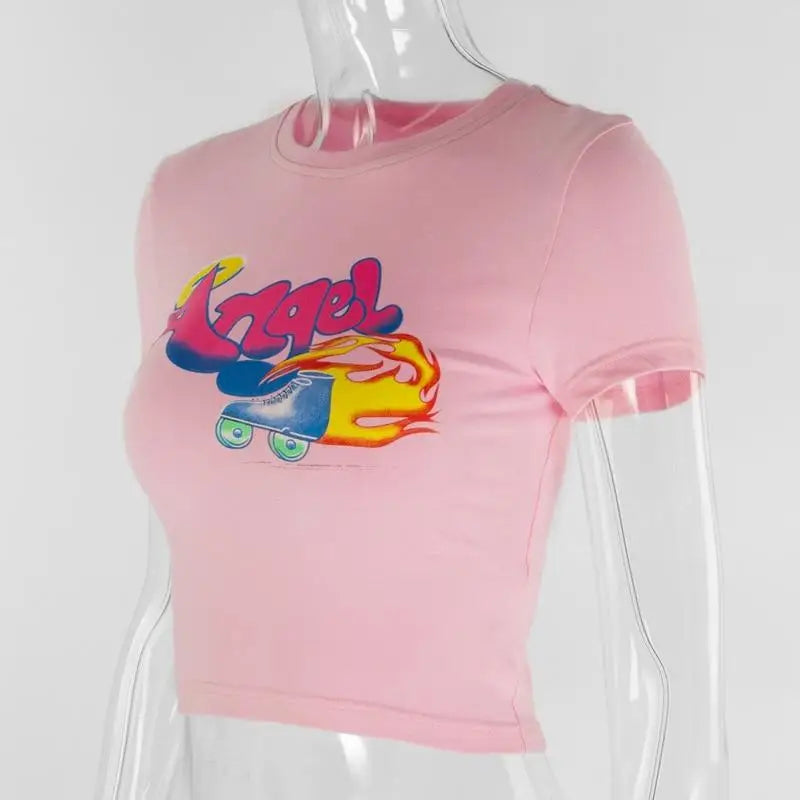 Pink 90s Retro Angel Crop Top with Rollerblades Print - shirt