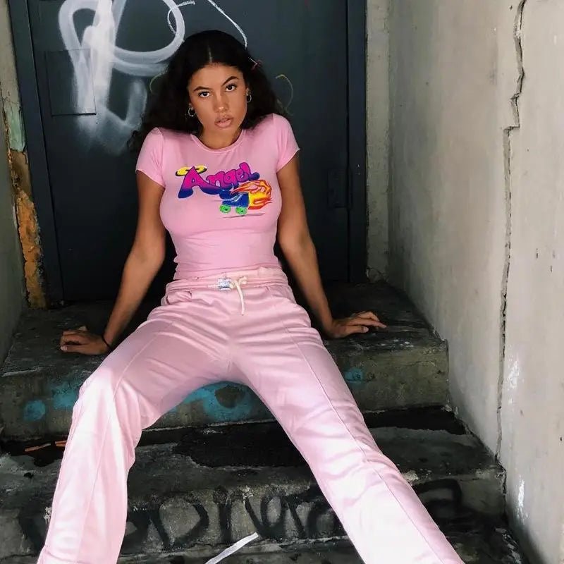 Pink 90s Retro Angel Crop Top with Rollerblades Print - Cosparty