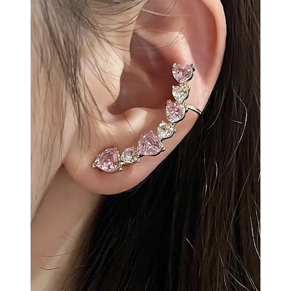 Pink and White Heart Rhinestone Ear Cuff for Elegant Style - earrings