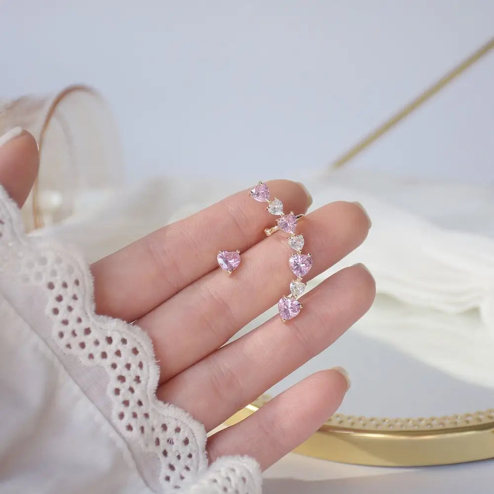 Pink and White Heart Rhinestone Ear Cuff for Elegant Style - earrings