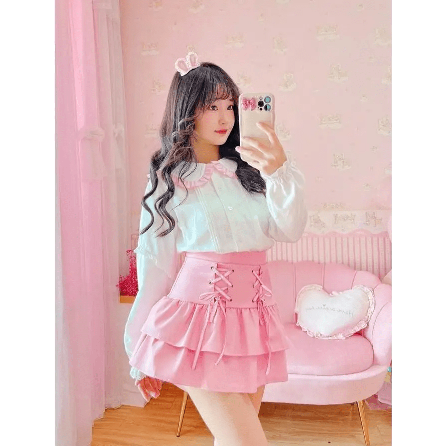 Pink and White Lace - Up Corset Tennis Skirt with Ribbons - Cosparty