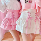 Pink and White Lace-Up Corset Tennis Skirt with Ribbons - skirt