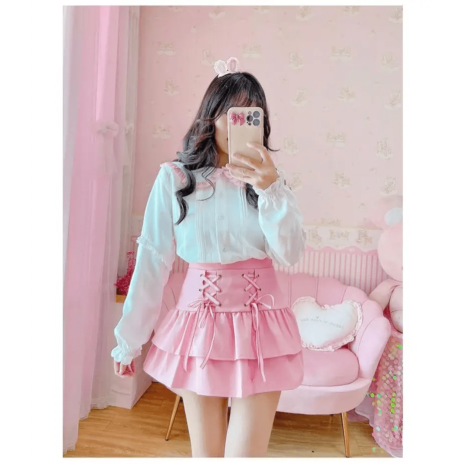 Pink and White Lace - Up Corset Tennis Skirt with Ribbons - Cosparty