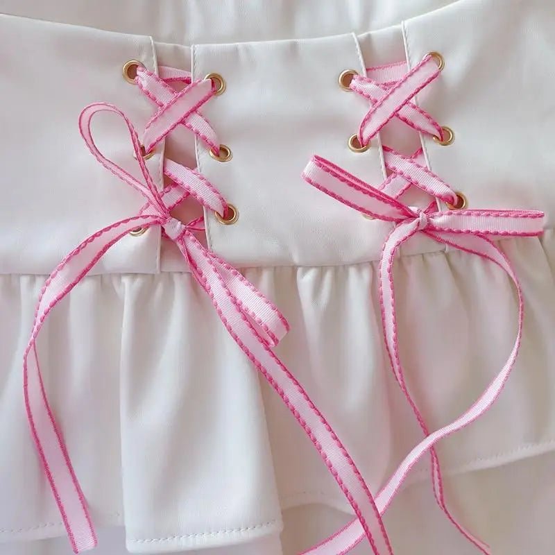 Pink and White Lace - Up Corset Tennis Skirt with Ribbons - Cosparty