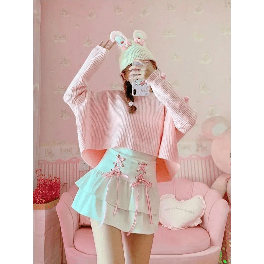 Pink and White Lace - Up Corset Tennis Skirt with Ribbons - Cosparty