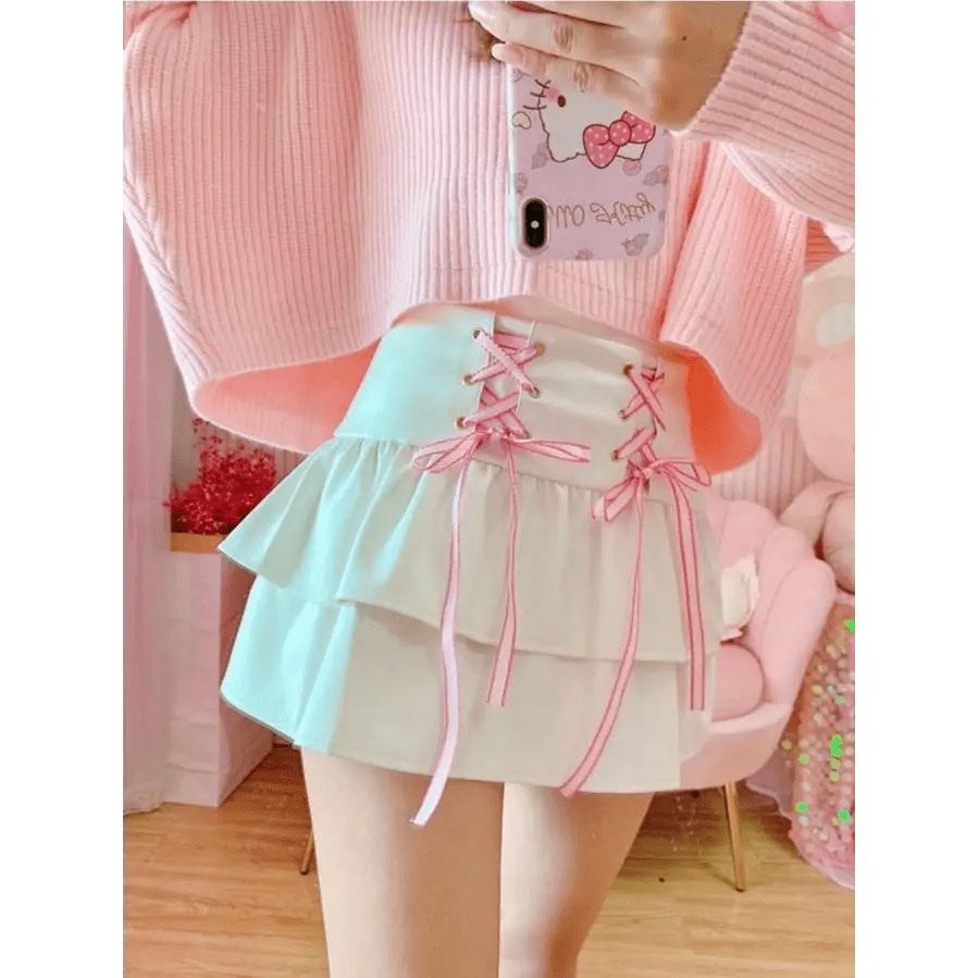 Pink and White Lace - Up Corset Tennis Skirt with Ribbons - Cosparty