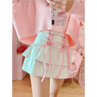 Pink and White Lace - Up Corset Tennis Skirt with Ribbons - Cosparty