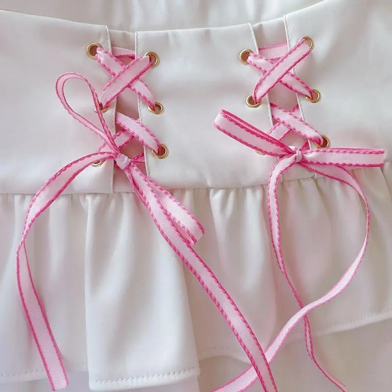 Pink and White Lace-Up Corset Tennis Skirt with Ribbons - skirt