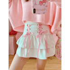 Pink and White Lace - Up Corset Tennis Skirt with Ribbons - Cosparty