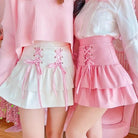 Pink and White Lace - Up Corset Tennis Skirt with Ribbons - Cosparty