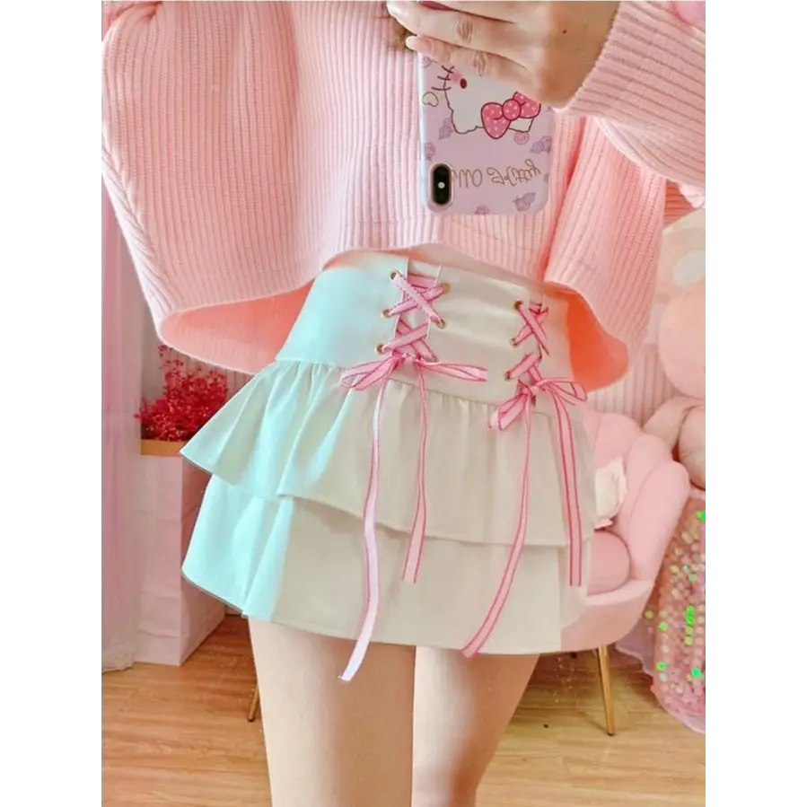 Pink and White Lace-Up Corset Tennis Skirt with Ribbons - skirt