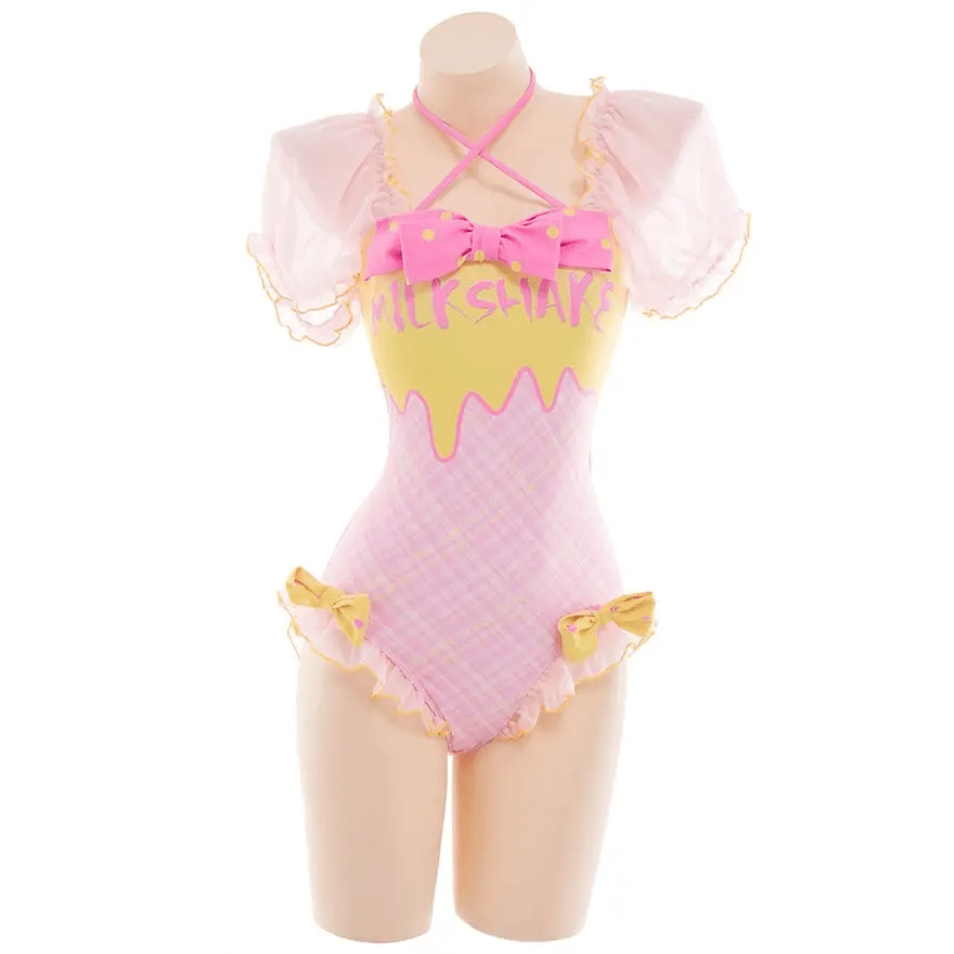 Pink and Yellow Milkshake Plaid Adult Onesie and Swimsuit 33 - 34 84 - 87 - Cosparty