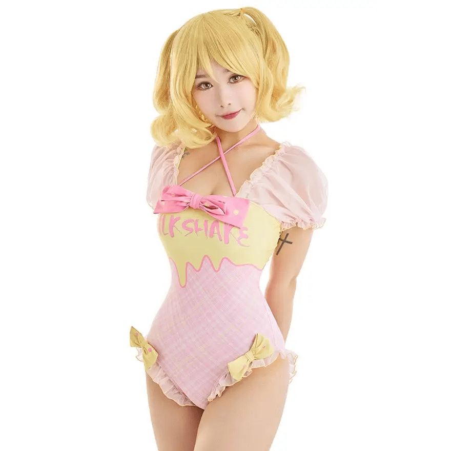 Pink and Yellow Milkshake Plaid Adult Onesie and Swimsuit 33 - 34 84 - 87 - Cosparty