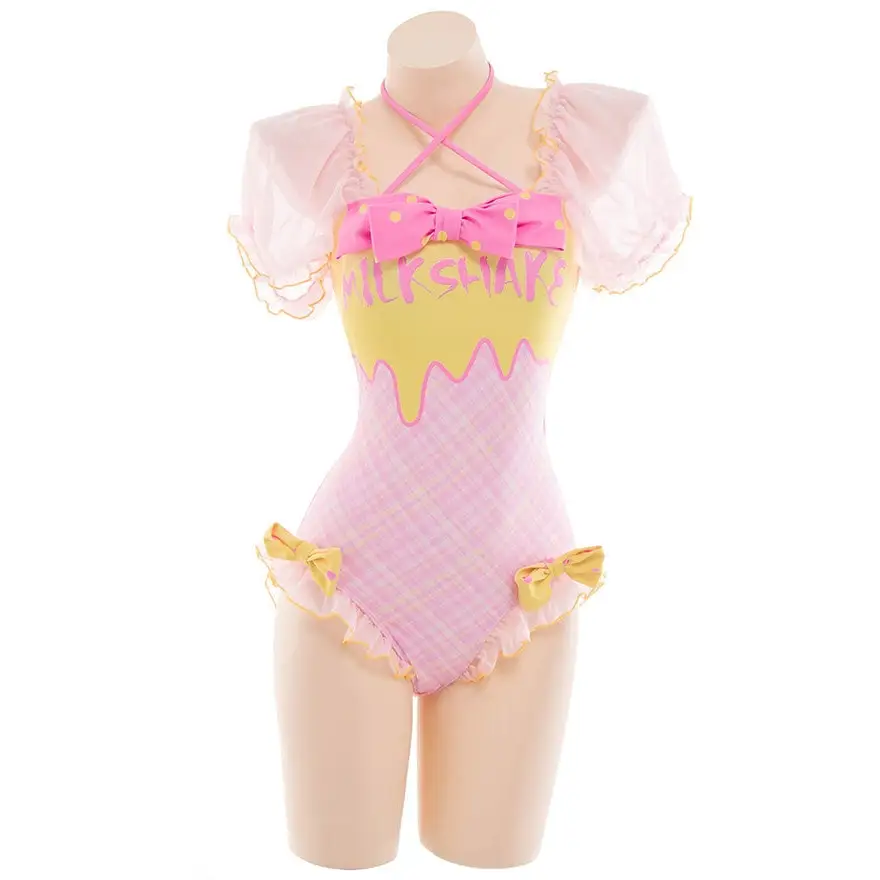 Pink and Yellow Milkshake Plaid Adult Onesie and Swimsuit 33-34 84-87 - onesie