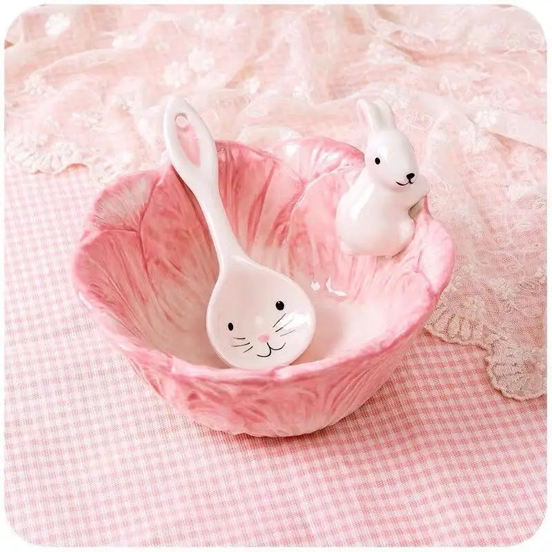 Pink Bunny Bowl in Lotus Design for a Magical Breakfast Experience - bowl