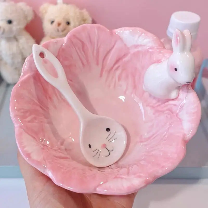 Pink Bunny Bowl & Spoon - bowl, bunnies, bunny rabbit, ceramic, dinner Cosparty