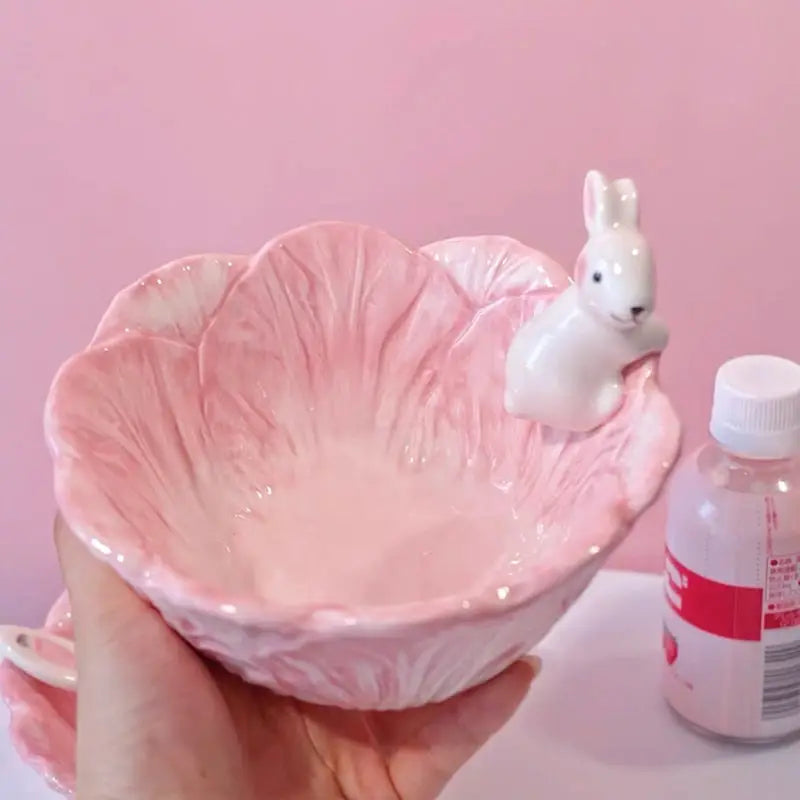 Pink Bunny Bowl in Lotus Design for a Magical Breakfast Experience - bowl