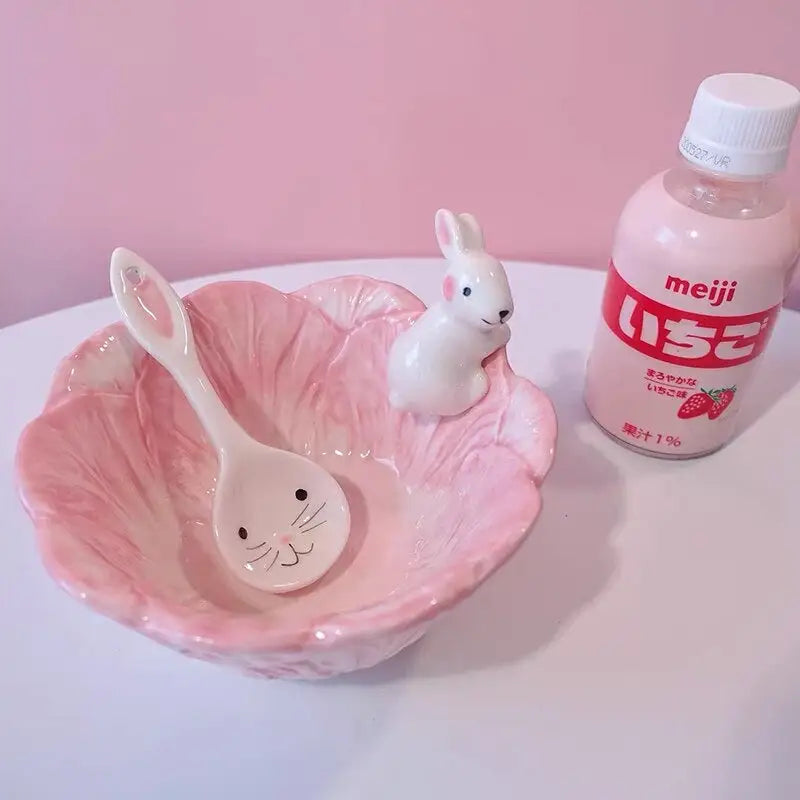 Pink Bunny Bowl in Lotus Design for a Magical Breakfast Experience - bowl