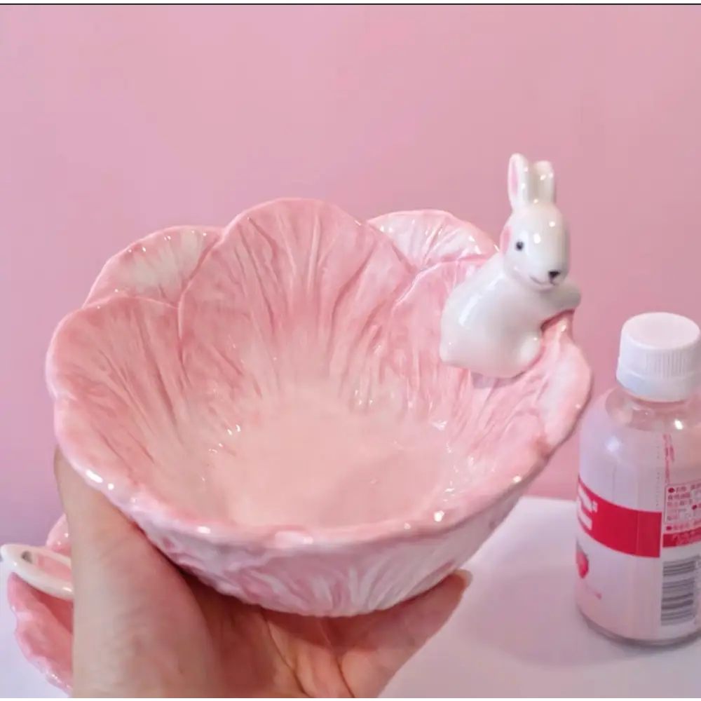 Pink Bunny Bowl & Spoon - bowl, bunnies, bunny rabbit, ceramic, dinner Cosparty