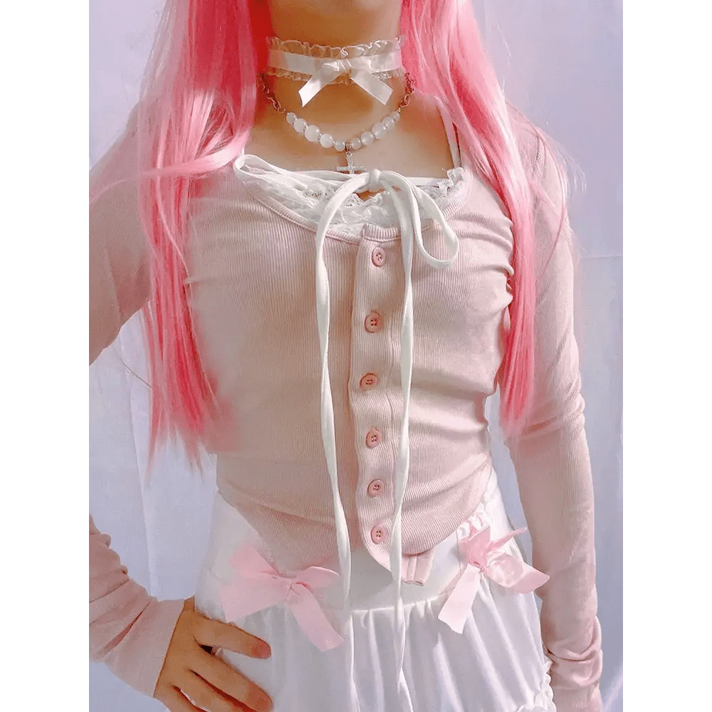 Pink Button Up Lace Cardigan for Fairy Charm Wardrobe - Cosparty