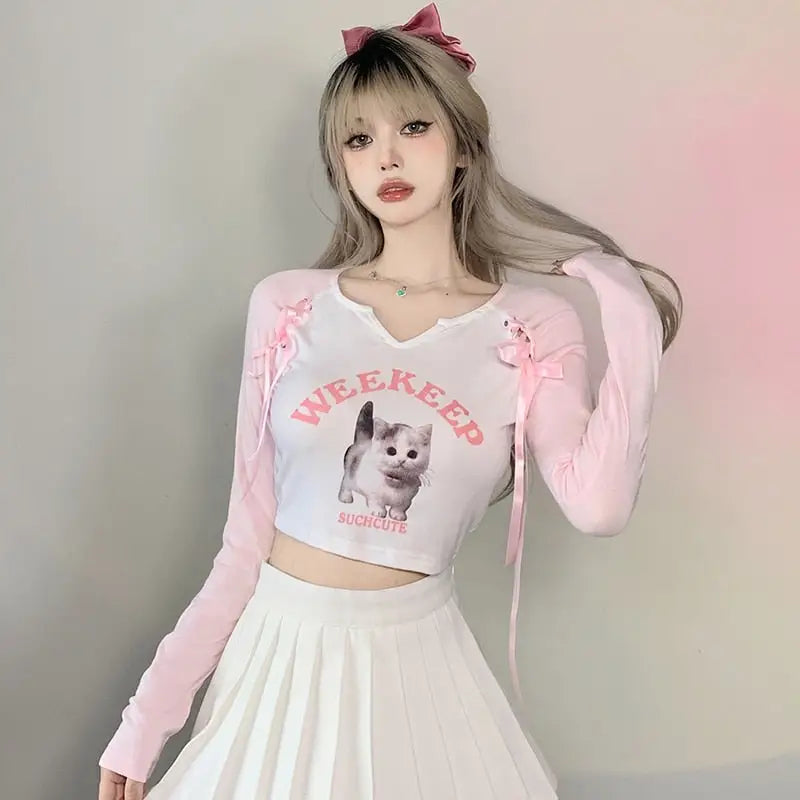 Pink Kitten Long Sleeve Crop Top for Angelcore and Fairycore Styles - shirt