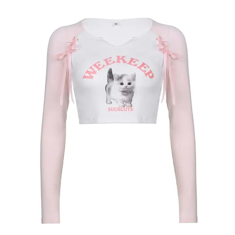 Pink Kitten Long Sleeve Crop Top for Angelcore and Fairycore Styles - shirt