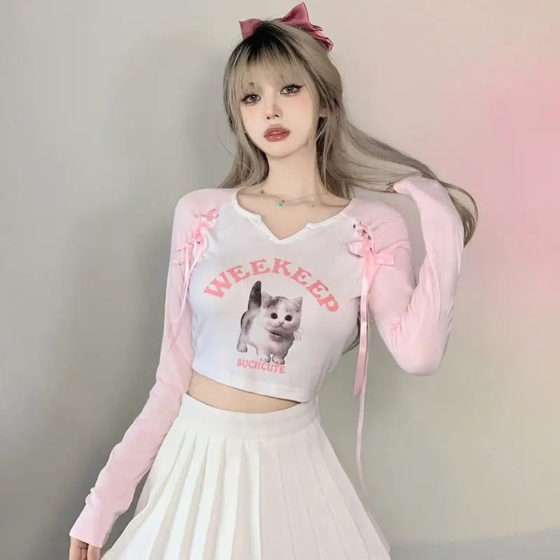 Pink Kitten Long Sleeve Crop Top for Angelcore and Fairycore Styles - Cosparty