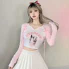 Pink Kitten Long Sleeve Crop Top for Angelcore and Fairycore Styles - Cosparty