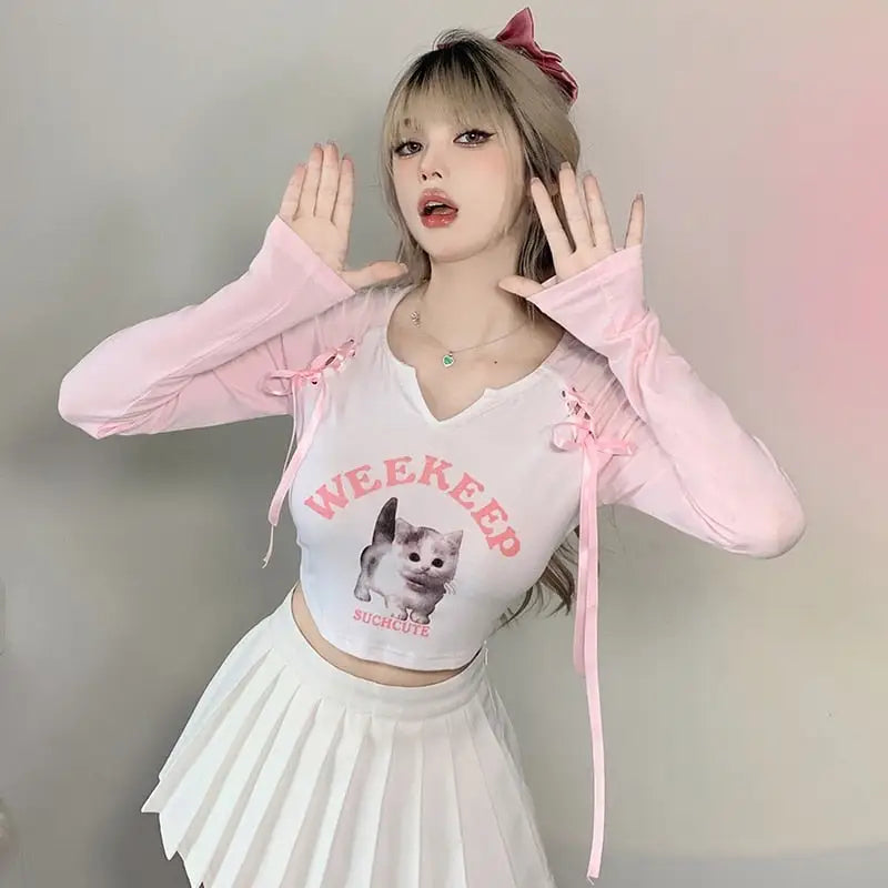 Pink Kitten Long Sleeve Crop Top for Angelcore and Fairycore Styles - shirt