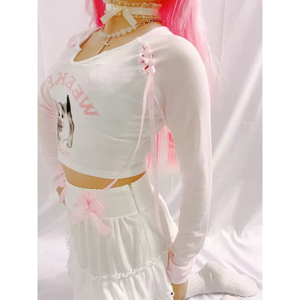 Pink Kitten Long Sleeve Crop Top for Angelcore and Fairycore Styles - shirt