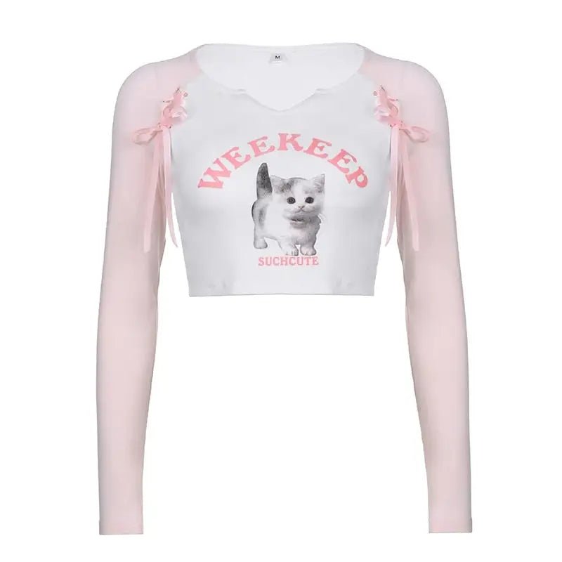 Pink Kitten Long Sleeve Crop Top for Angelcore and Fairycore Styles - Cosparty