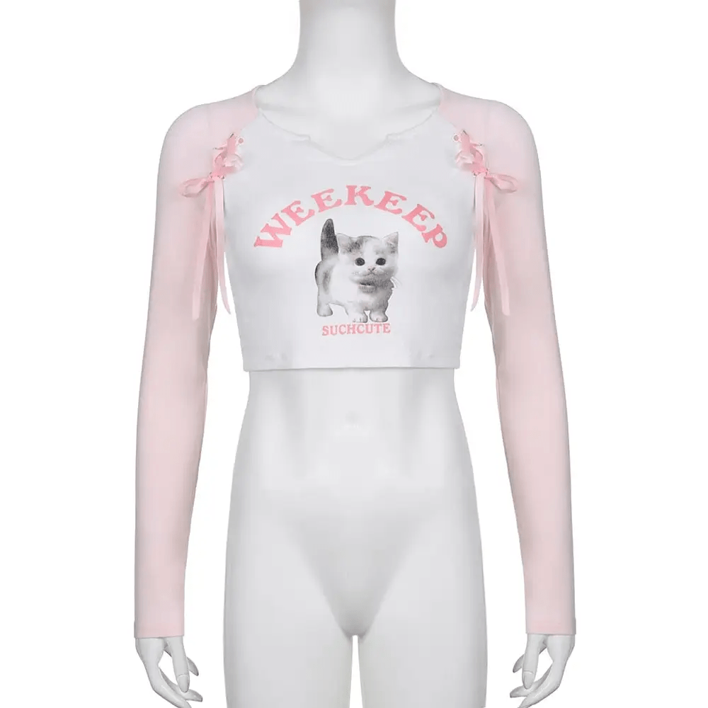 Pink Kitten Long Sleeve Crop Top for Angelcore and Fairycore Styles - Cosparty
