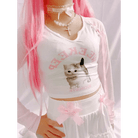 Pink Kitten Long Sleeve Crop Top for Angelcore and Fairycore Styles - Cosparty