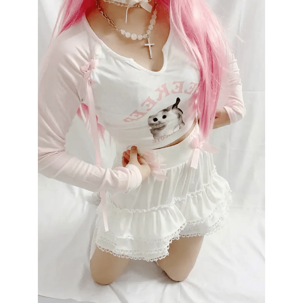 Pink Kitten Long Sleeve Crop Top for Angelcore and Fairycore Styles - Cosparty