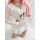 Pink Kitten Long Sleeve Crop Top for Angelcore and Fairycore Styles - Cosparty
