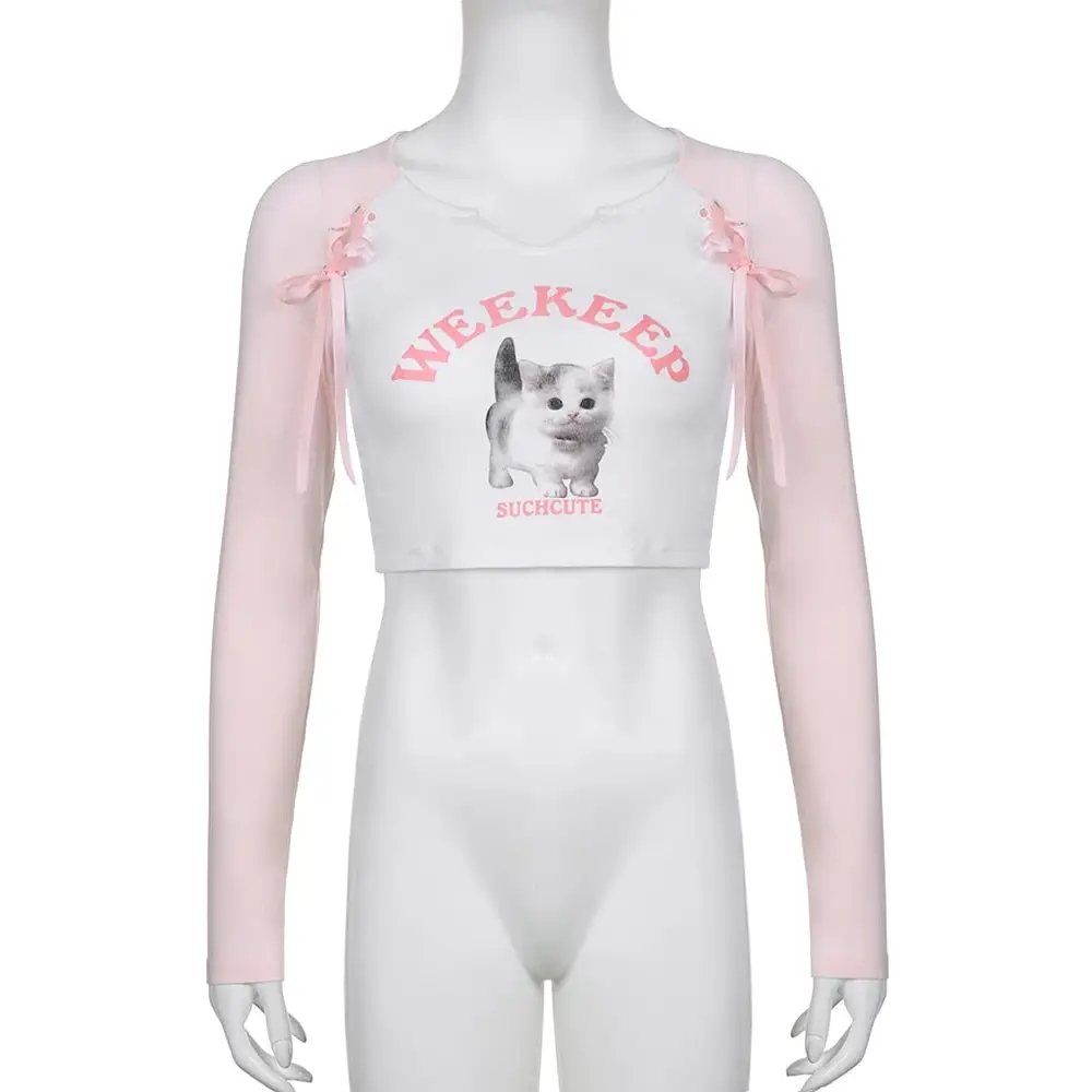 Pink Kitten Long Sleeve Crop Top for Angelcore and Fairycore Styles - shirt