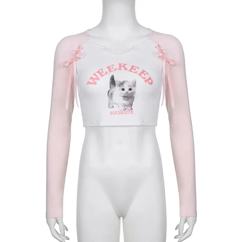 Pink Kitten Long Sleeve Crop Top for Angelcore and Fairycore Styles - shirt