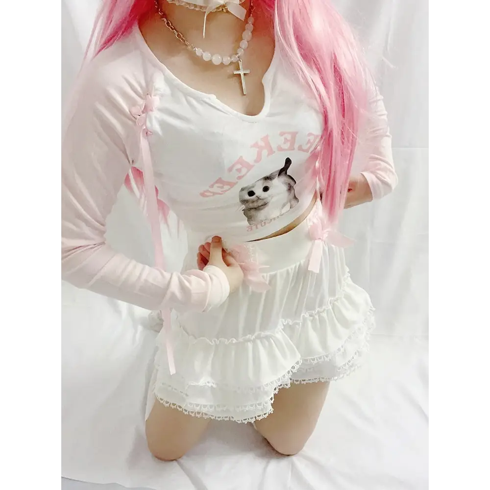 Pink Kitten Long Sleeve Crop Top for Angelcore and Fairycore Styles - shirt