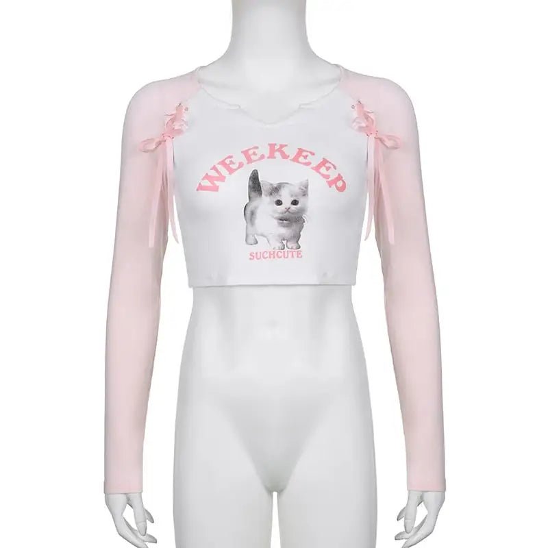 Pink Kitten Long Sleeve Crop Top for Angelcore and Fairycore Styles - Cosparty