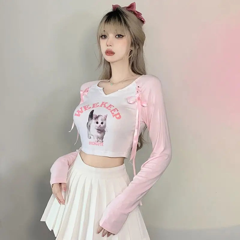 Pink Kitten Long Sleeve Crop Top for Angelcore and Fairycore Styles - shirt