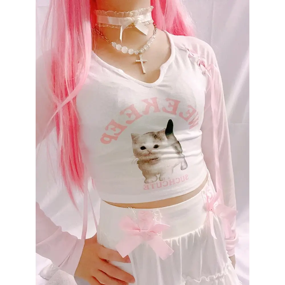 Pink Kitten Long Sleeve Crop Top - coquette, crop tops, dollette, fae, faecore Cosparty