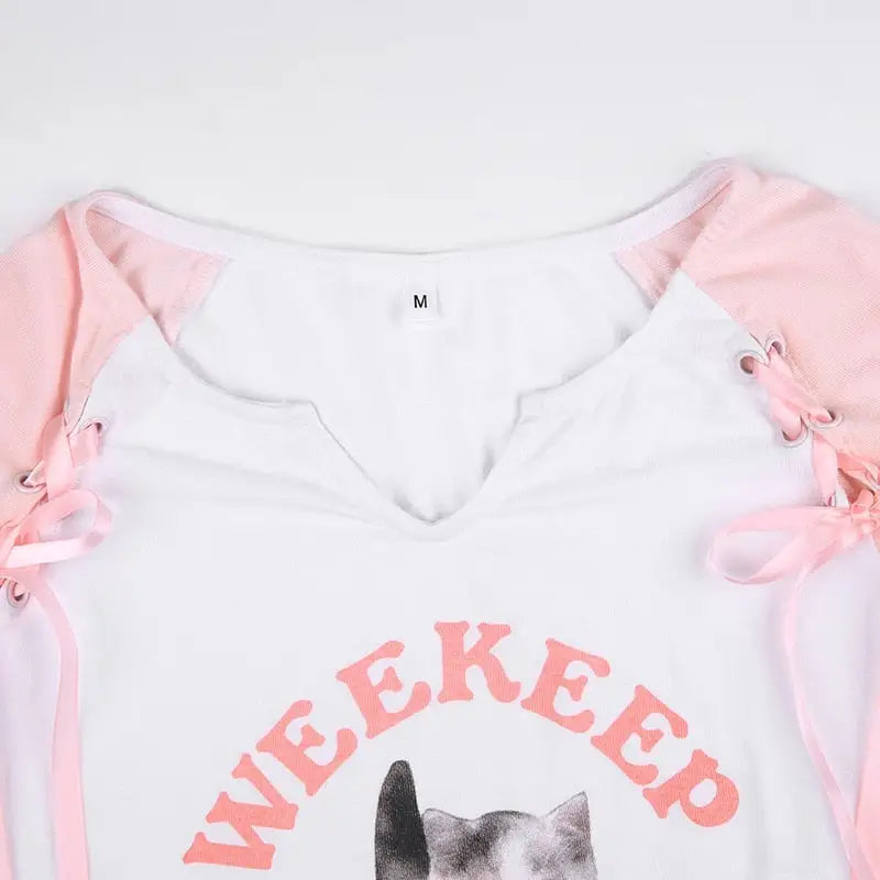 Pink Kitten Long Sleeve Crop Top for Angelcore and Fairycore Styles - shirt