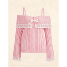 Pink Knit Princess Sweater with Off - the - Shoulder Design and Accents - Cosparty