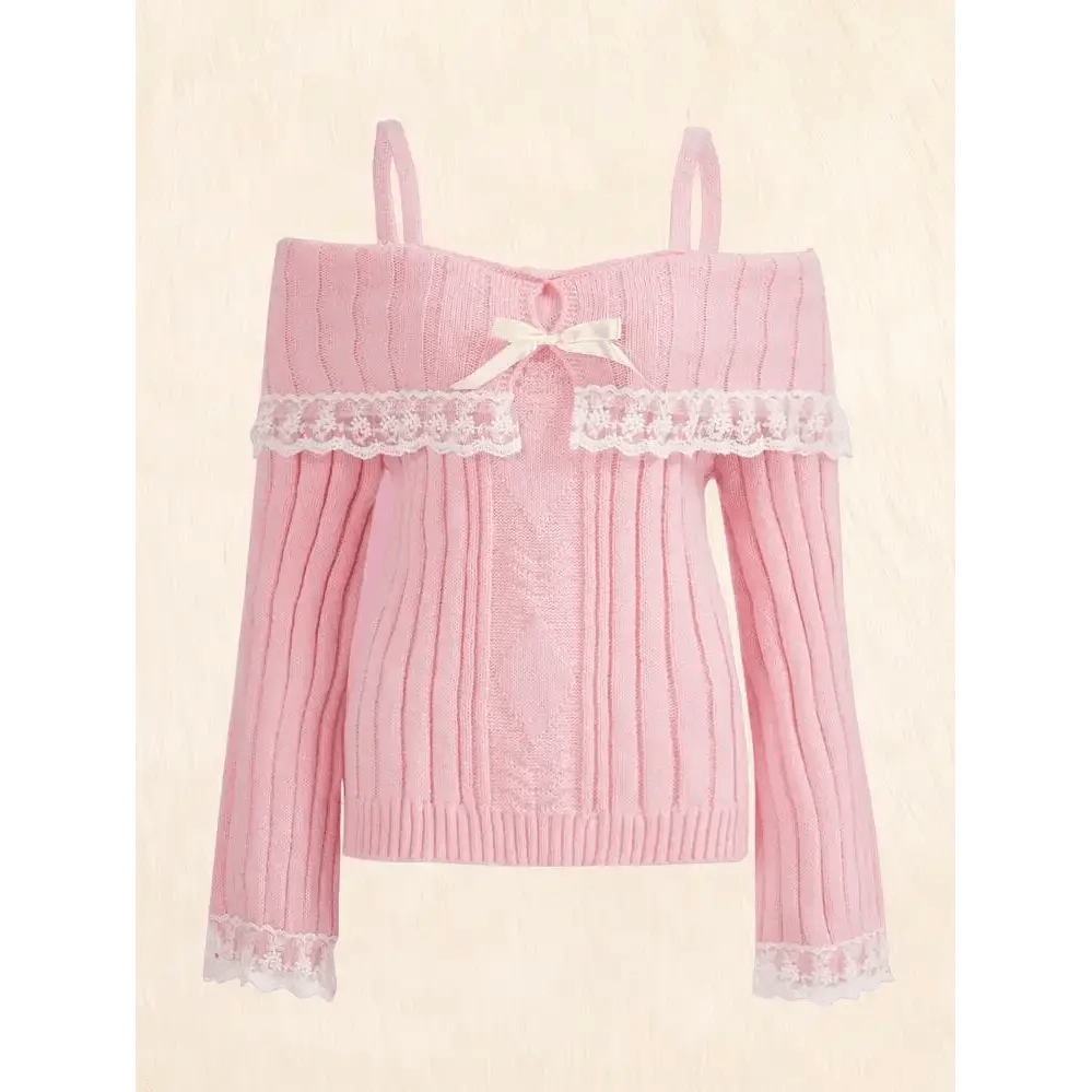 Pink Knit Princess Sweater with Off - the - Shoulder Design and Accents - Cosparty