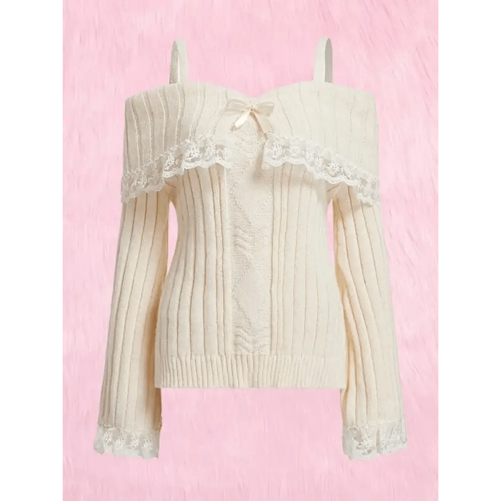 Pink Knit Princess Sweater with Off - the - Shoulder Design and Accents - Cosparty