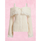 Pink Knit Princess Sweater with Off - the - Shoulder Design and Accents - Cosparty