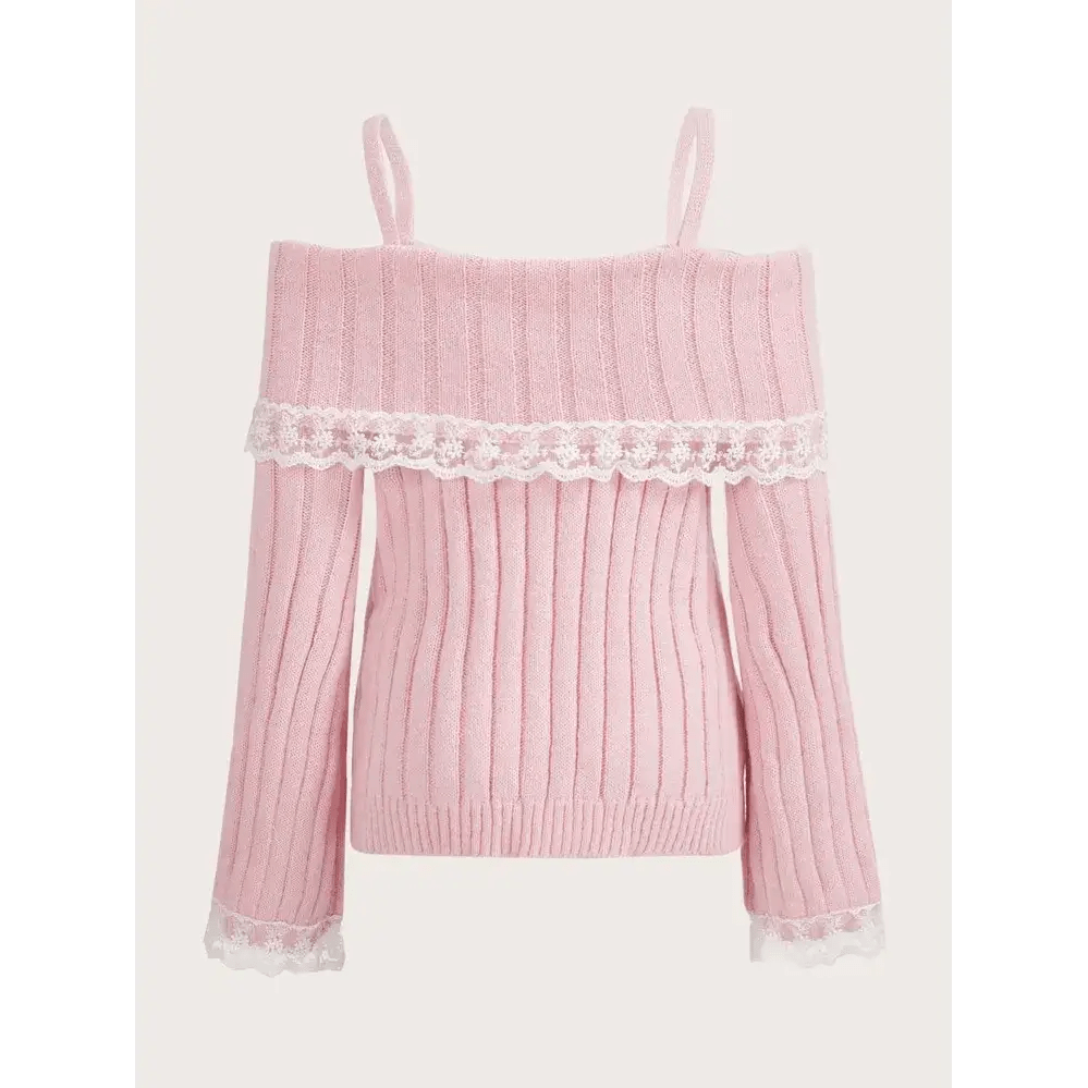 Pink Knit Princess Sweater with Off - the - Shoulder Design and Accents - Cosparty