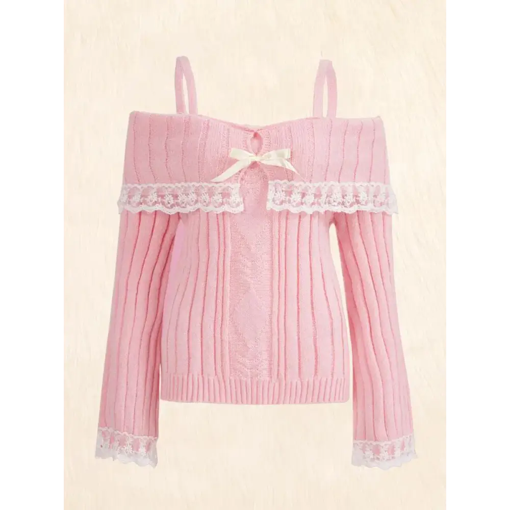 Pink Knit Princess Sweater with Off-the-Shoulder Design and Accents - sweater